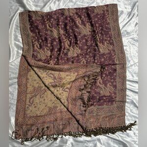 Paisley Patterned Rich Purple and Beige Rectangular Pashmina Fringed Scarf